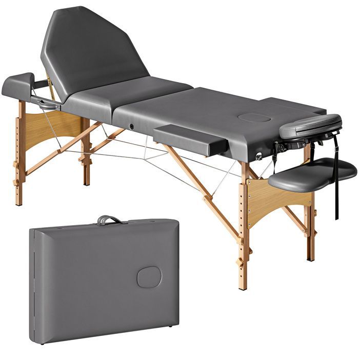 Table de massage - HOMCOM - 3 zones pliante et portable - hauteur et dossier réglables, appui-tête - bois hêtre - 215x60x89cm - gris