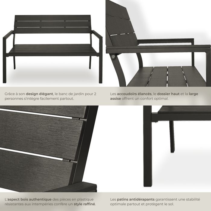 Banco de exterior - TECTAKE - LINE Banco de jardín de 2 plazas en aluminio con aspecto de madera, 128 x 59 x 88 cm - Gris oscuro