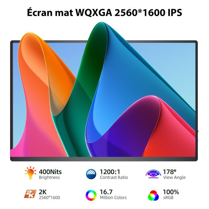 UPERFECT Moniteur portable 16 pouces 2560*1600 2K 120HZ, compatible VESA, avec ports miniHDMI, Type C, OTG