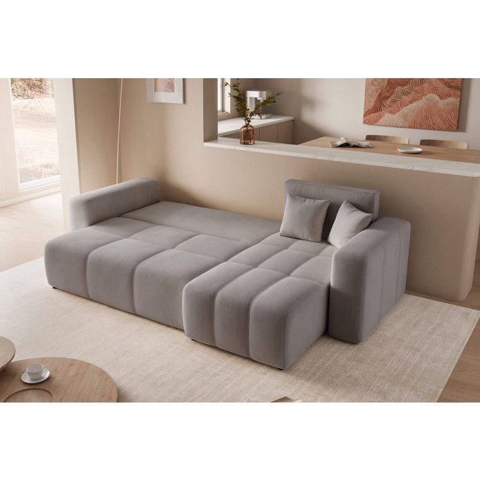 Canapé d'angle Réversible PEDRO - 4 places - Canape Convertible avec Coffre - Tissu Velours - Gris clair