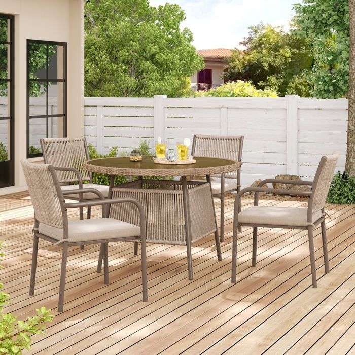 Modern rattan garden set – Round glass table + 4 armchairs, iron frame, for patio or balcony – BROWN