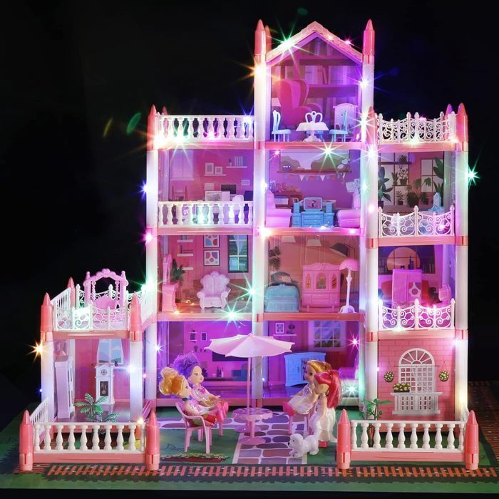 Casa de muñecas de castillo de princesa de 11 piezas con luces – Incluye luces LED y muñecas