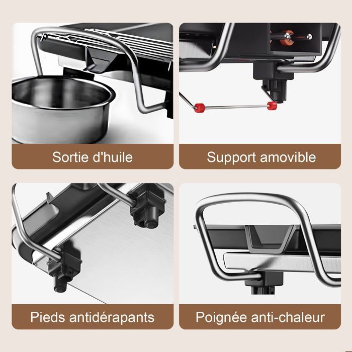 Plancha électrique XXL, Barbecue electrique - revêtement anti-adhésif, Surface mixte, Thermostat Réglable pour 8 personnes- 68*28cm