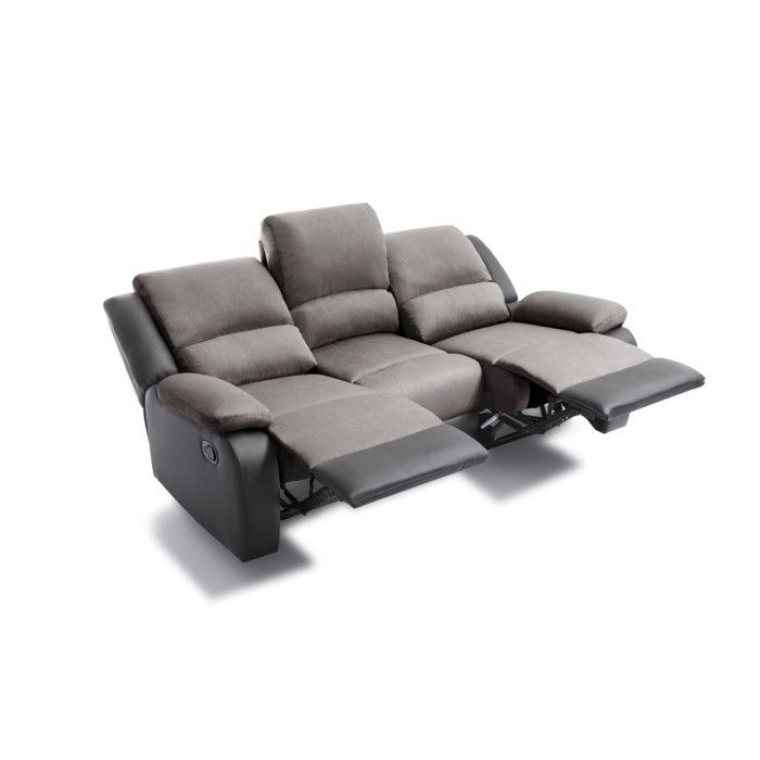 Sofá reclinável LEO de 3 lugares em microfibra e couro sintético - Cinza e preto - L193 x P93 x A96cm - LOUNGITUDE