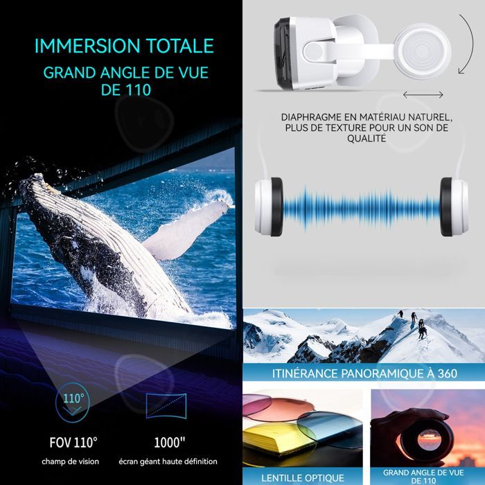Óculos de realidade virtual 1080p, tela IMAX gigante, ajuste independente, espaço 3D de 360 graus, tour panorâmico, pacote de realidade virtual