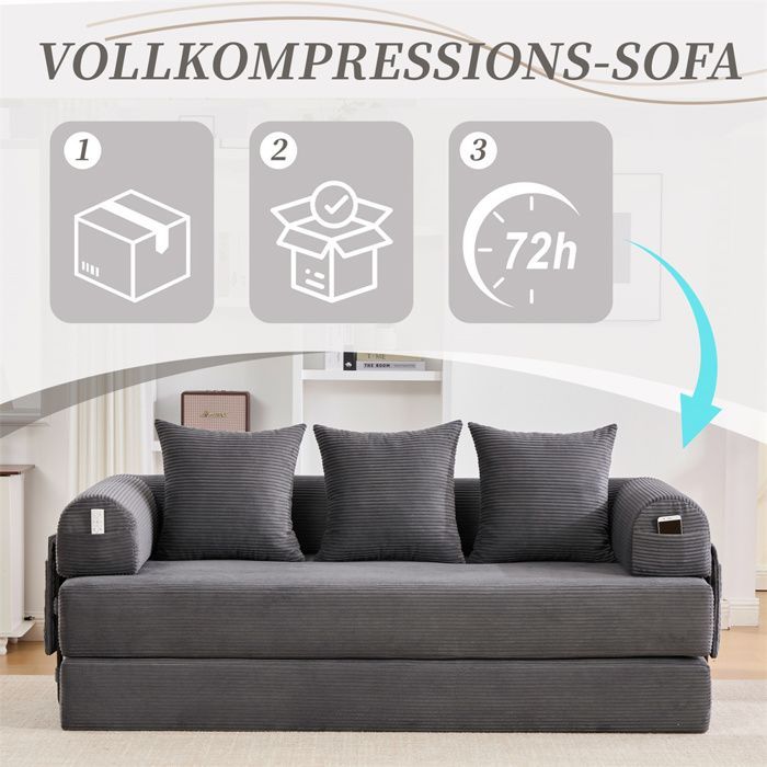 DRIPEX Canapé compressé 4-en-1 Pliable,Canapé modulable 3 places avec structure métallique,poches latérales et 3 coussins,Gris