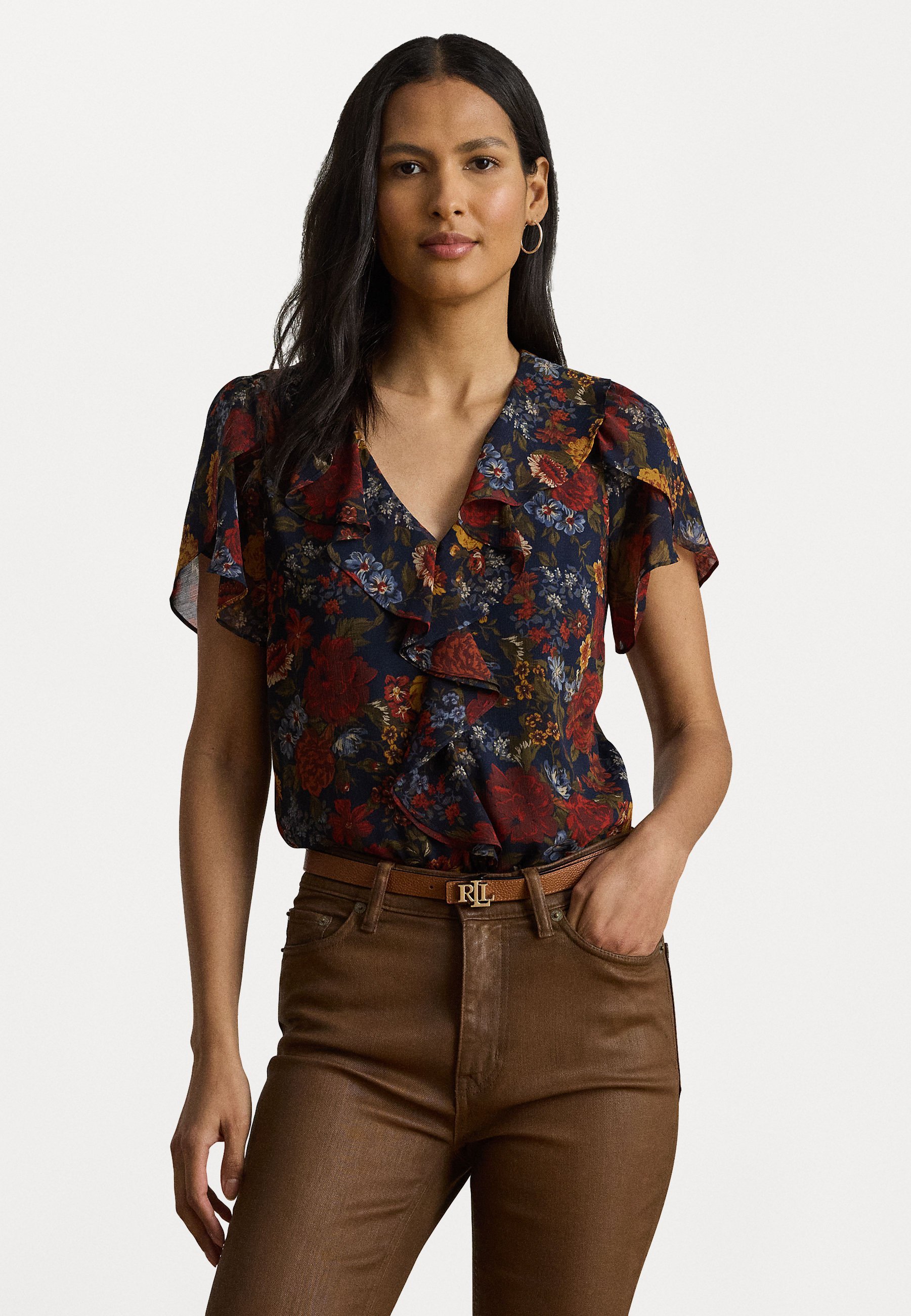 Lauren Ralph Lauren FLORAL RUFFLE TRIM GEORGETTE BLOUSE - Pluus - tumesinine/mitmevärviline