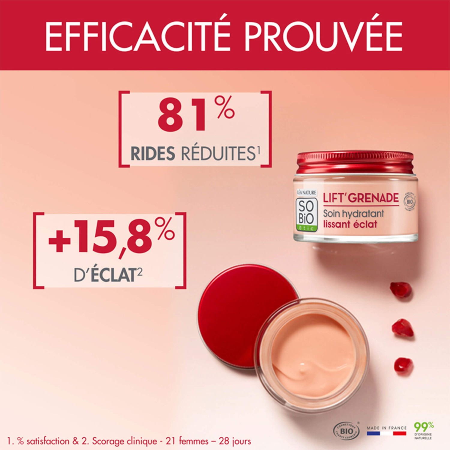 SO BiO étic Soin hydratant¹ lissant éclat, Lift'Grenade