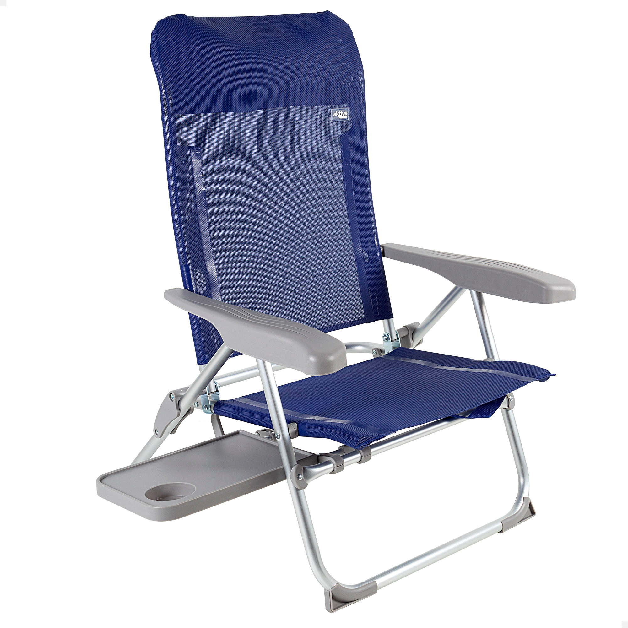 Cadeira de praia Aktive com múltiplas posições, design dobrável e compacto, com mesa e almofada.