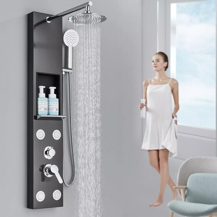 Columna de ducha de hidromasaje en acero inoxidable, panel de ducha multifuncional con grifo mezclador para baño.