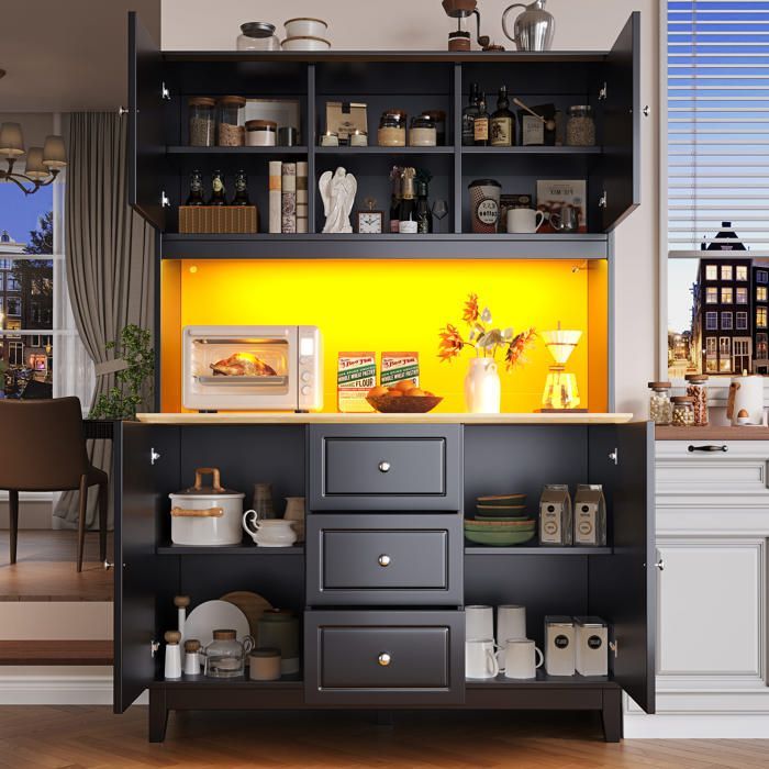 Modernes Küchenbuffet – MODERNLUXE – 120 x 45 x 180 cm – 4 Türen – 3 Schubladen – 10 Einlegeböden – LED-Beleuchtung – Schwarz