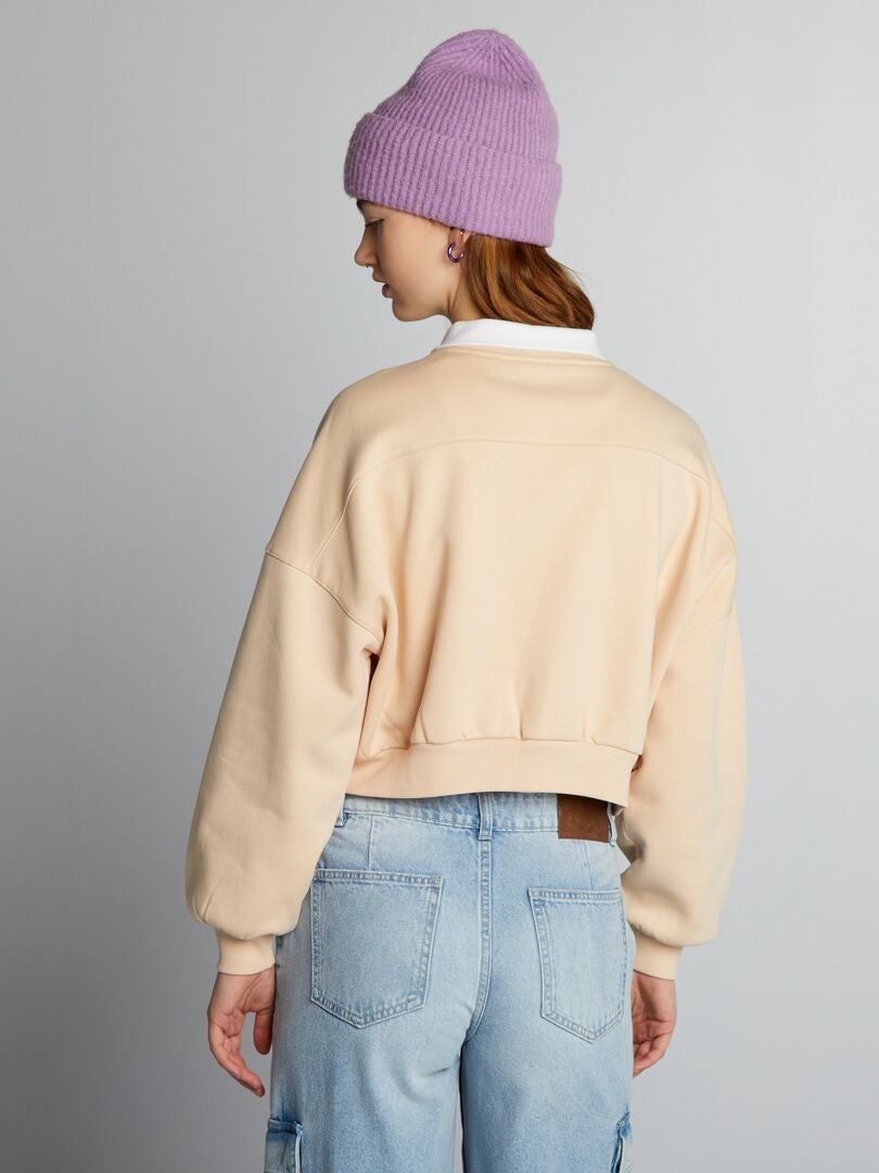 Sudadera corta con cuello de camisa - BEIGE