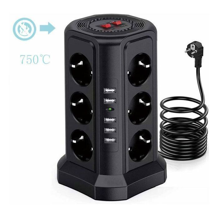 Overspenningsbeskyttet strømskinne med 5 USB-porter og 12 uttak, 2 brytere, hvit