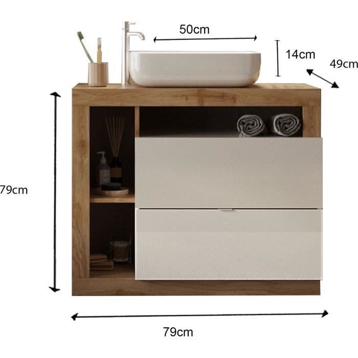 Ensemble meuble Salle de bain 78cm simple vasque + colonne - Coloris chêne clair et laqué blanc - HAMBOURG
