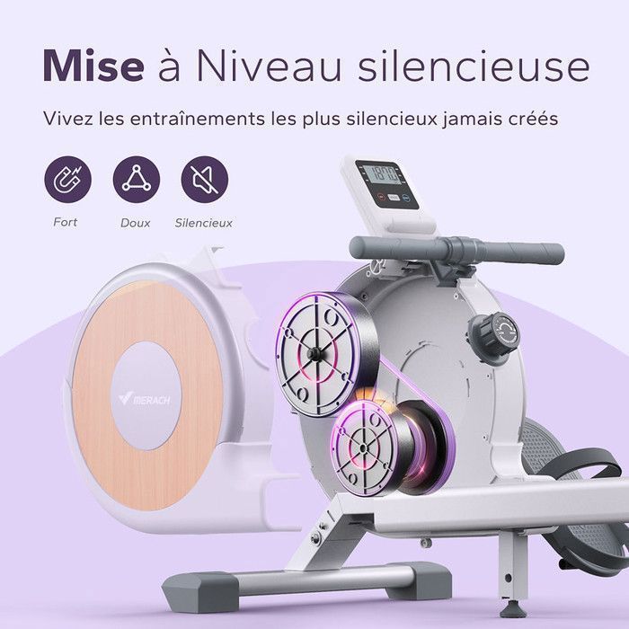 Rameur d'Appartement – MERACH - 16 Niveaux de Résistance Magnétique - Max 160 kg - Écran LCD - Compatible Kinomap – Gris clair