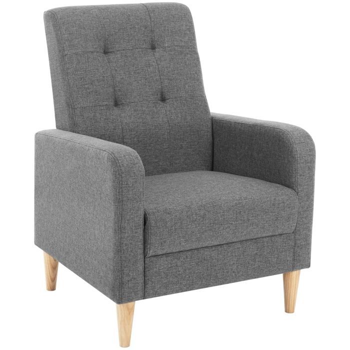 WOLTU Fauteuil Salon Scandinave, Fauteuil Cabriolet Relax, Siège Rembourré en Lin, Pieds en Bois Massif, Gris Foncé W0ATT0343