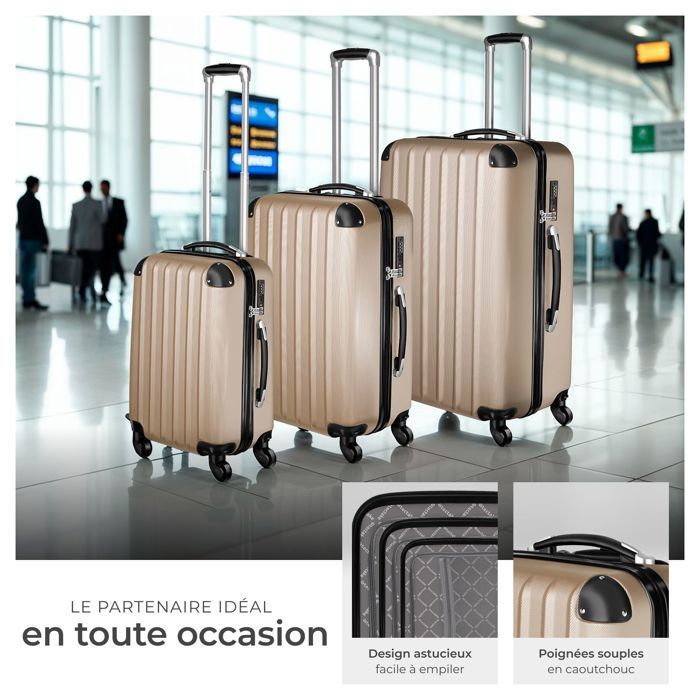 Maleta - TECTAKE - Juego de maletas con ruedas de plástico ABS rígido de 75 x 50 x 30 cm - Champagne