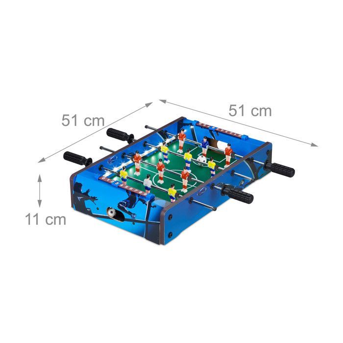 Futbolín Relaxdays, luces LED, para niños y adultos, 4 varillas, 2 pelotas incluidas, minijuego de fútbol, azul