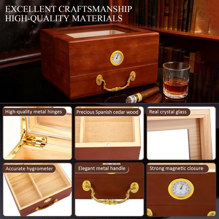 Humidor per sigari a doppio strato con cassetto, umidificatore, igrometro, divisorio e divisorio portatile per sigari.