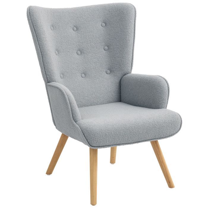 Sillón - HOMCOM - patas, reposabrazos y respaldo ergonómico de madera - tejido bouclé - 71 x 74 x 96 cm - gris claro