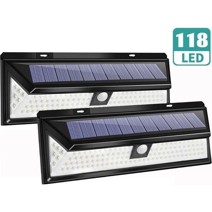 2 unidades de apliques solares de pared de 118 LED con sensor de movimiento, resistentes al agua IP65 para iluminación exterior de jardín.