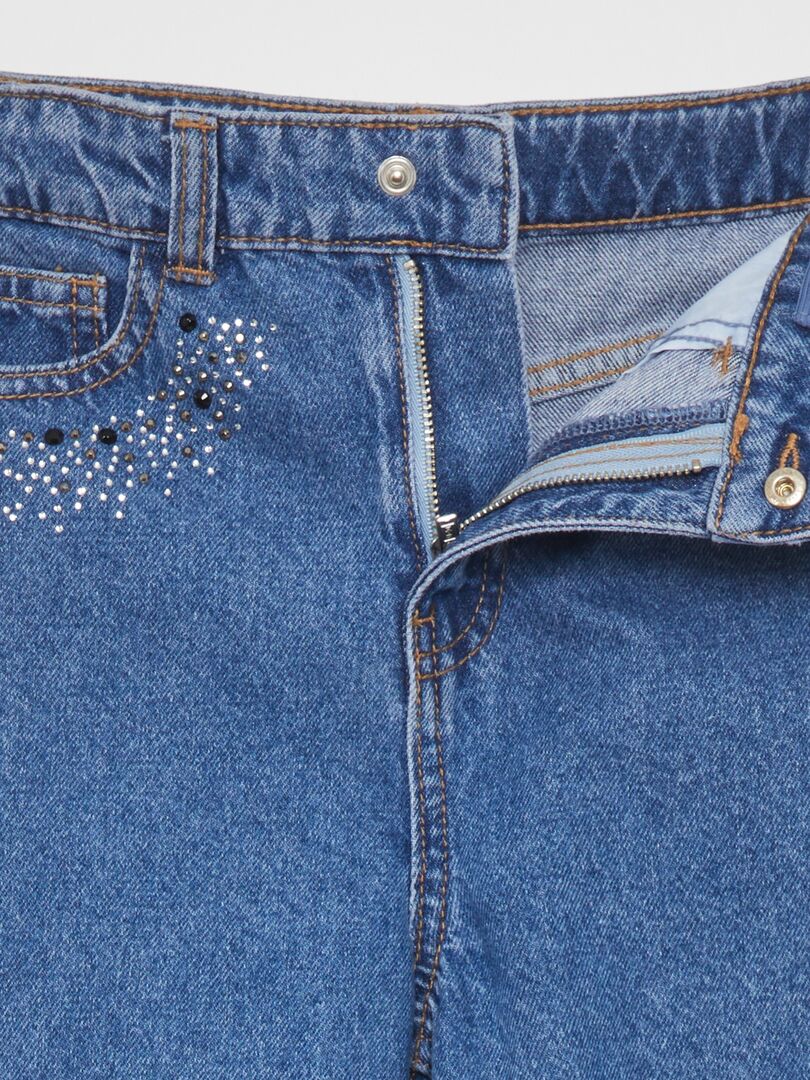 Calça jeans de perna larga com strass - AZUL