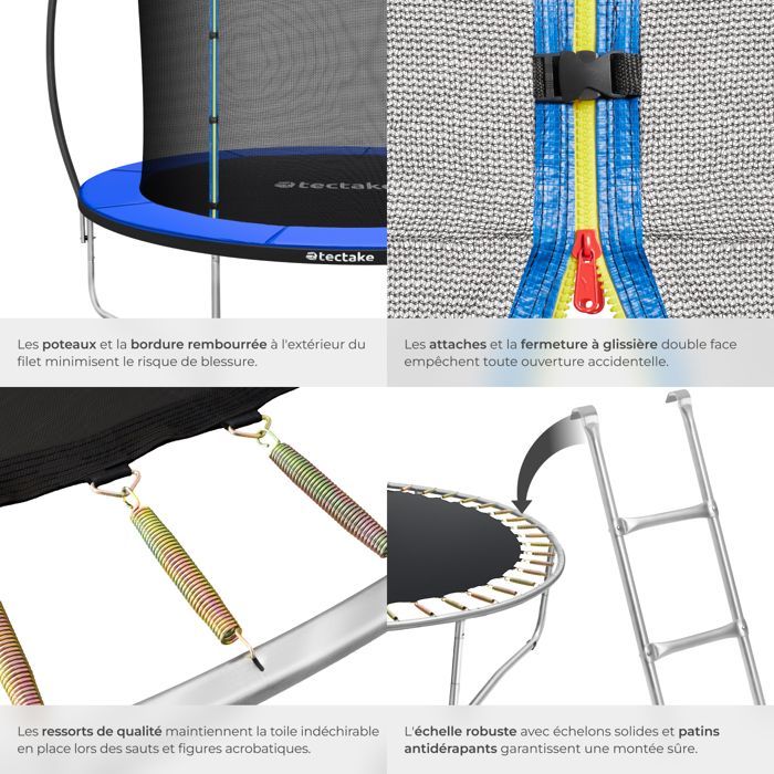 Cama elástica - TECTAKE - JUMPY, cama elástica de acero con red de seguridad, 366 cm de diámetro - Negro/azul