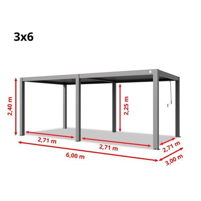 Pérgola PRIMEYARD de 3x6 m con postes de aluminio y lamas de aluminio ajustables, pabellón gris.