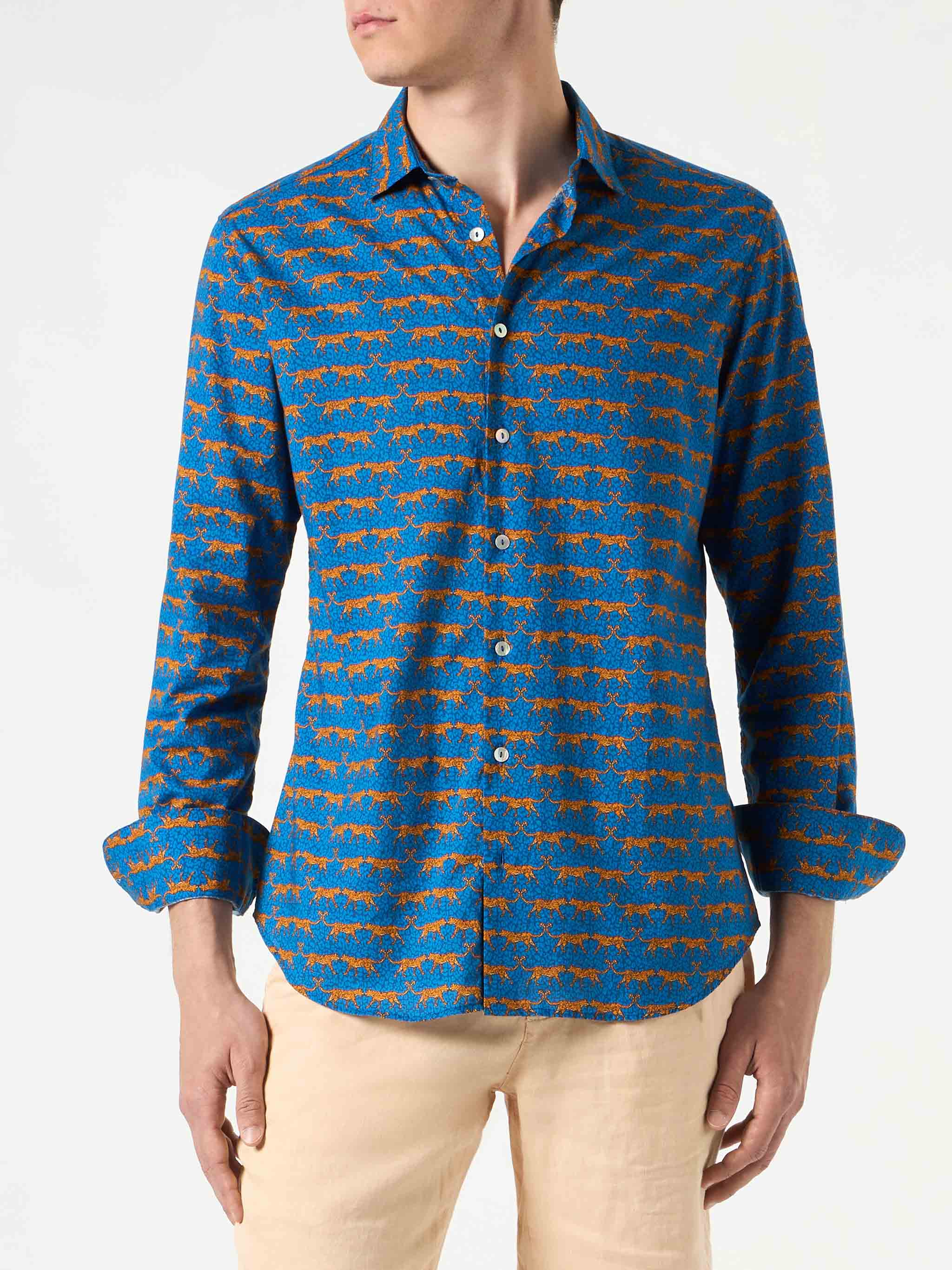 Camicia da uomo Sikelia in mussola di cotone con stampa gatto selvatic