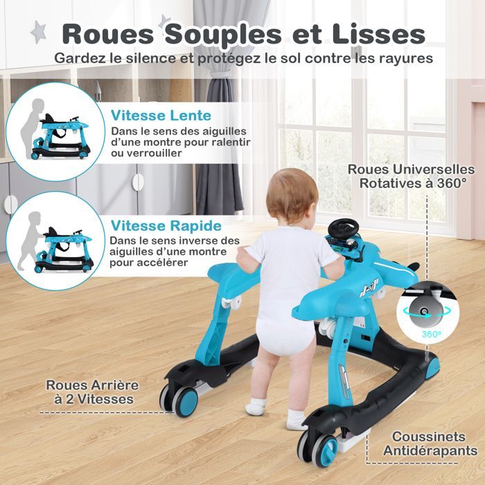Andador plegable 6 en 1 para bebés COSTWAY - Diseño de avión - Altura ajustable - Caja de música con luces LED - Bandeja de alimentación - De 6 a 18 meses - Azul