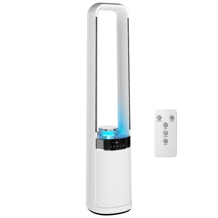 Ventilador de torre - HOMCOM - silencioso 36dB - oscilación de 45°, 3 velocidades, temporizador de 12 horas - ABS, metal - 20,6x21,4x93,3cm - blanco