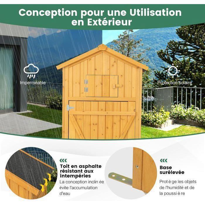 Abri de Jardin en Bois de Sapin 180,5 cm COSTWAY-3 Etagères Amovibles-Table Pliable-Toit en Asphalte Imperméable-8 Crochets-Naturel