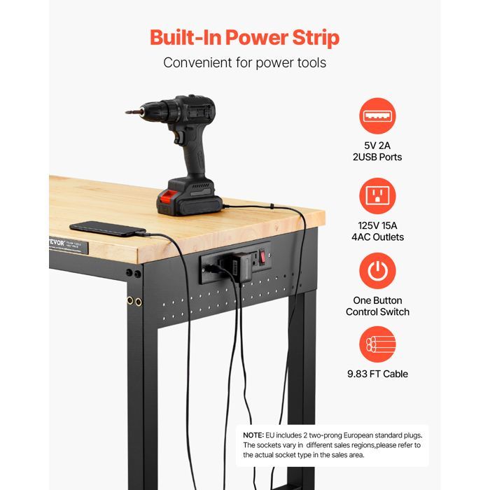 Banco de trabajo VEVOR de 1524 mm, mesa de trabajo para taller/garaje con ruedas y altura ajustable - Capacidad de carga de 907,2 kg - para oficina