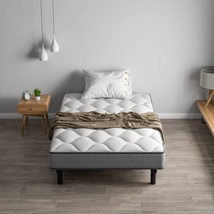 Conjunto de colchón y base de cama STANEW de 90x190x18cm, colchón de muelles ensacados y robusto armazón de cama de hierro con 6 patas.