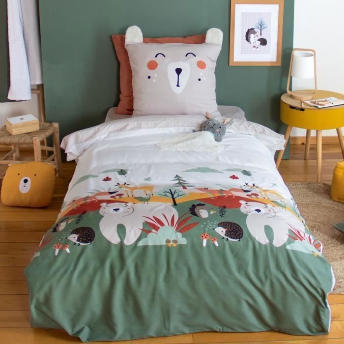Children's 140x200 cm Bedding Set - Duvet Cover + Pillowcase with Forest Animals, Green and Beige, with Soft Toy Pocket
