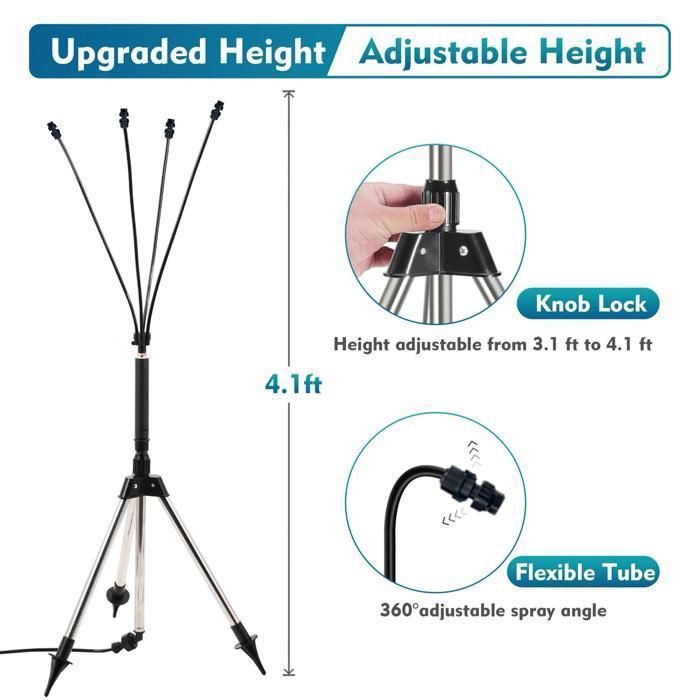 Sistema di nebulizzazione per patio esterno su treppiede, raffreddato ad acqua senza elettricità, con 4 ugelli regolabili, kit completo da 8 m.