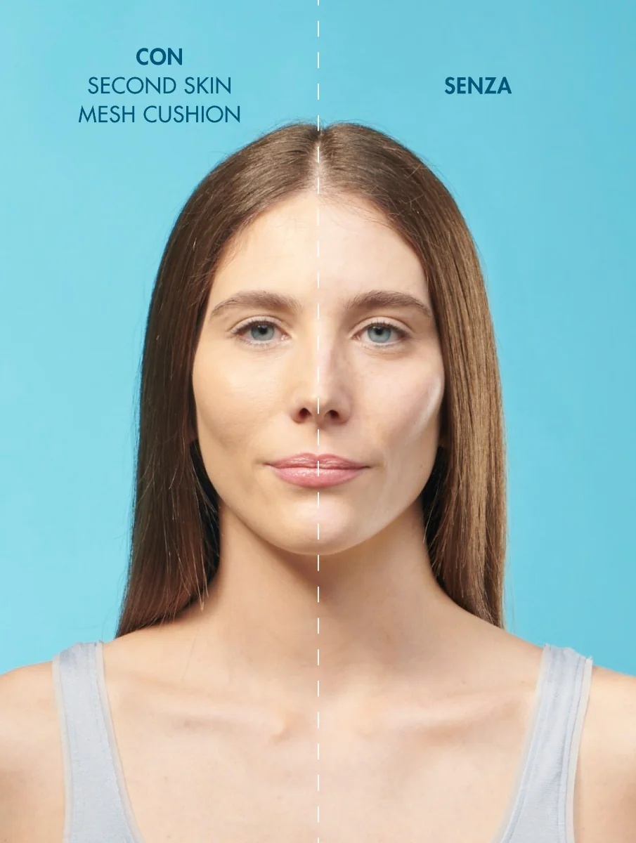 Base Cushion Miamo Second Skin Mesh, cor marfim, FPS 50+ PA+++, 11 ml. Proteção antioxidante que uniformiza o tom da pele.