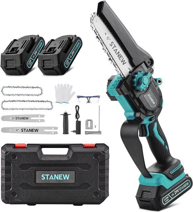 STANEW 6 ou 8 pouces brushless 600W Mini tronçonneuse à batterie, 2 Batteries 2Ah moteur sans balais