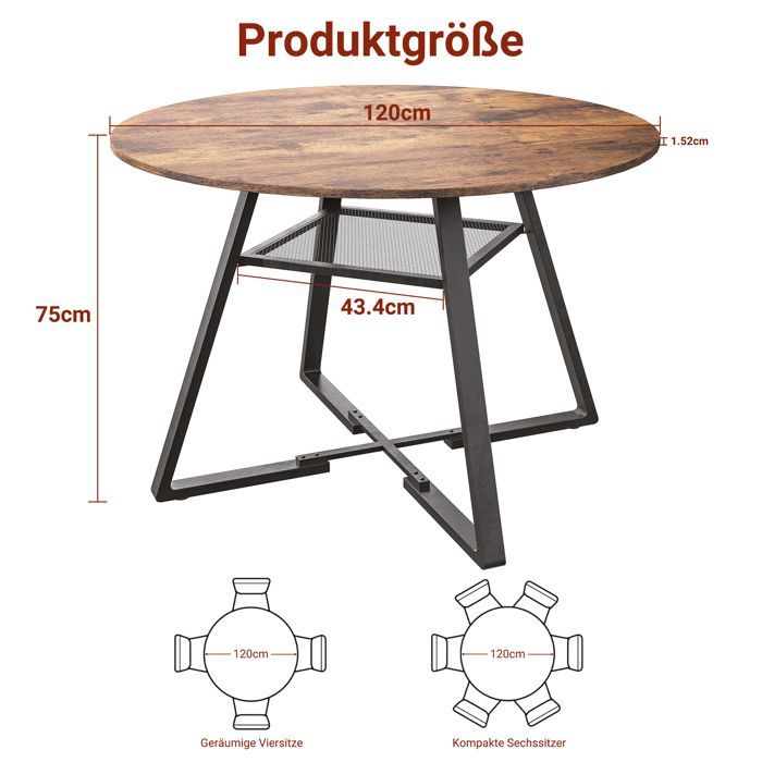 Mesa de comedor redonda de 120 cm, para 4 a 6 personas, con base de metal, ideal para la cocina, con compartimento de almacenamiento y color marrón.