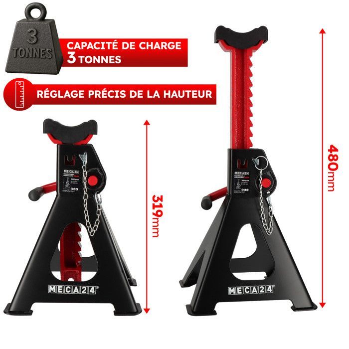 Jeu de 2 chandelles hautes 3 tonnes - Chandelles Voiture utilitaire - Système à crémaillère - Ht 319 à 482mm max - Poignée acier
