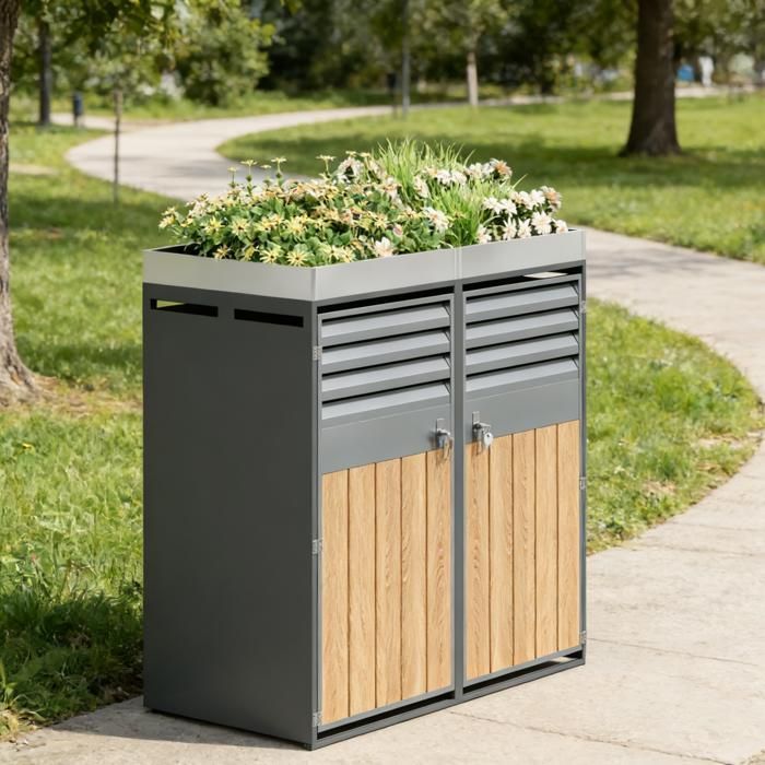 Cobertizo para contenedores HOMVRA, tapa de 2 compartimentos con jardinera integrada y puertas ventiladas, acero, gris.