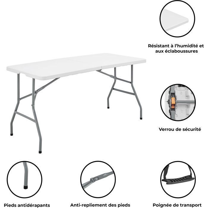 Table de réception pliante - TERRANOVA - Blanche - Structure acier et Plateau en Polyéthylène PEHD - 6 personnes - 152x70xH73,5 cm