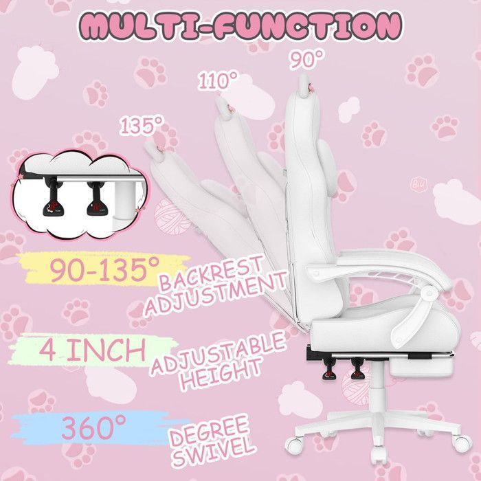 Pelituoli - Ergonominen toimistotuoli - Ristiselän tuki ja hieronta - Jalkatuki - 135° kallistuva selkänoja - Jopa 130 kg - Valkoinen