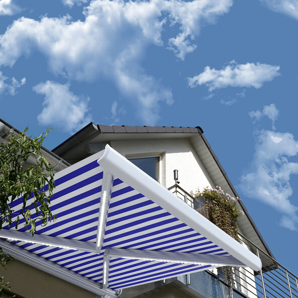 LED-Vollkassettenmarkise ELOS V2 inkl. Windsensor marineblau-weiß, 350 x 250 cm