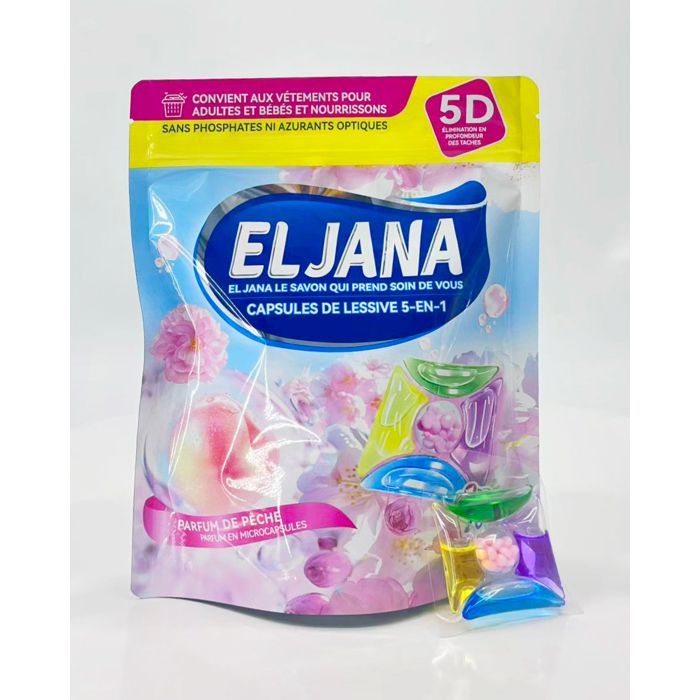 Cápsulas de detergente ELJANA 5 en 1, aroma a melocotón: ropa limpia y fresca.