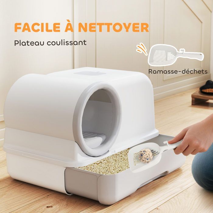 Large enclosed PP litter box, cat toilet for large cats, with lid and scoop, 59 x 39.5 x 39.5 cm, light grey