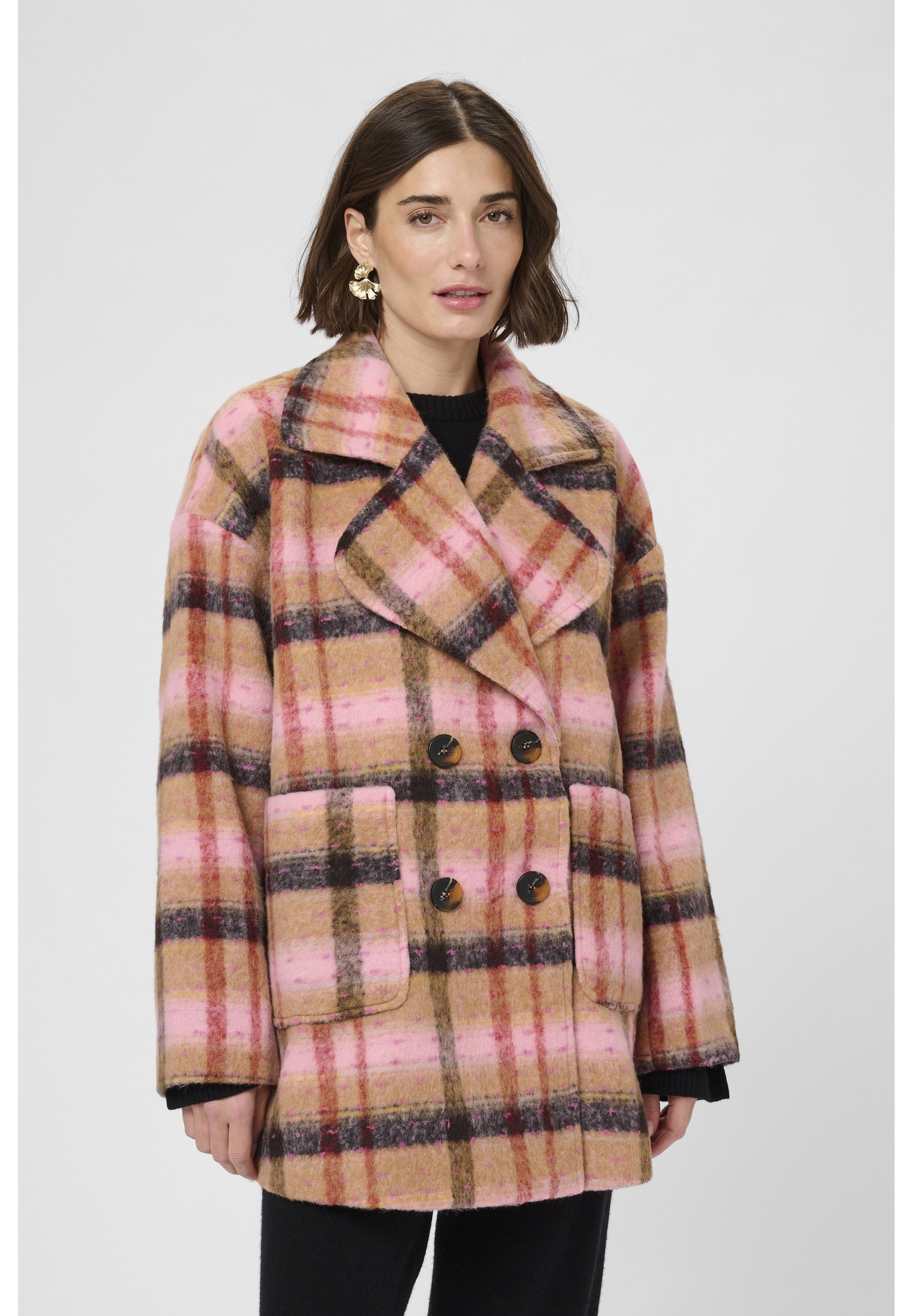 Manteau court en nylon Culture - à carreaux marron et rouge