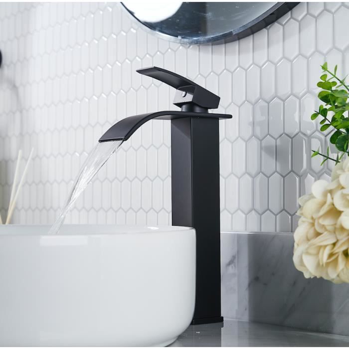 FORIOUS Mitigeur de Lavabo Haut, Mitigeur Lavabo Cascade en Acier Inoxydable, Monocommande, Eau Chaude/Froide, Colonne carrée, Noir