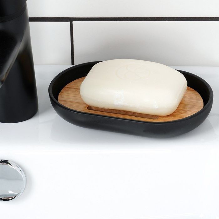 VILDE Accessoires Salle de bain 6 pièces - Plastique noir mat - Bois de bambou - Design moderne - Facile à nettoyer