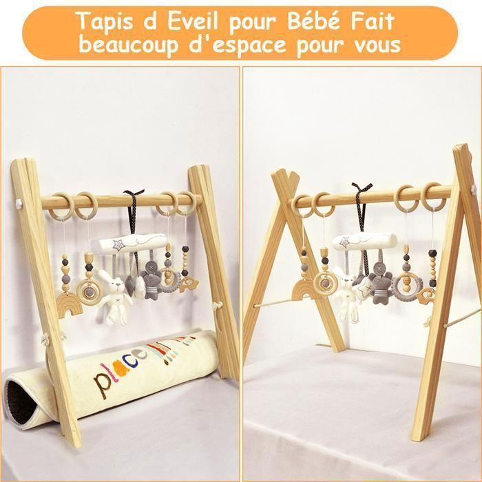 Tapis d'Éveil et d'Activités Douceur Transportable pour bébé en Bois, Coussin et 8 Jouets Amovibles, Ultra-Doux